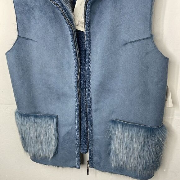LISA INTERNATIONAL Women's Vest Blue Faux Fur Suede Pockets NWT size MED - Picture 5 of 15